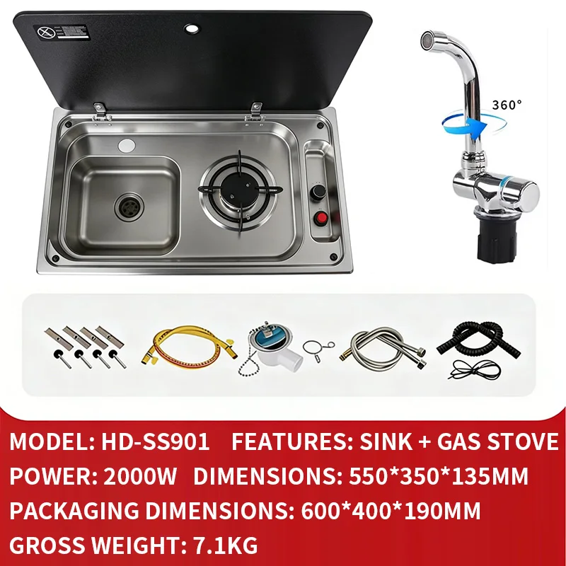 All-in-One RV Gas Stove, Stainless Steel Sink-Style Burner Head, for Campers, Boats, and RV Conversions; Non-Stick Design/Thicke