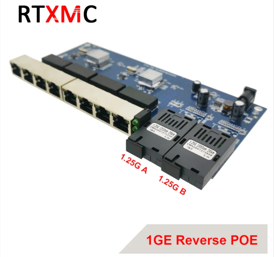 RTXMC Reverse PoE 10/100/1000 m PCBA-Platine Gigabit-Switch Ethernet-Glasfaser-Medienkonverter 2 Anschlüsse 1,25 g Sc 8 Rj45