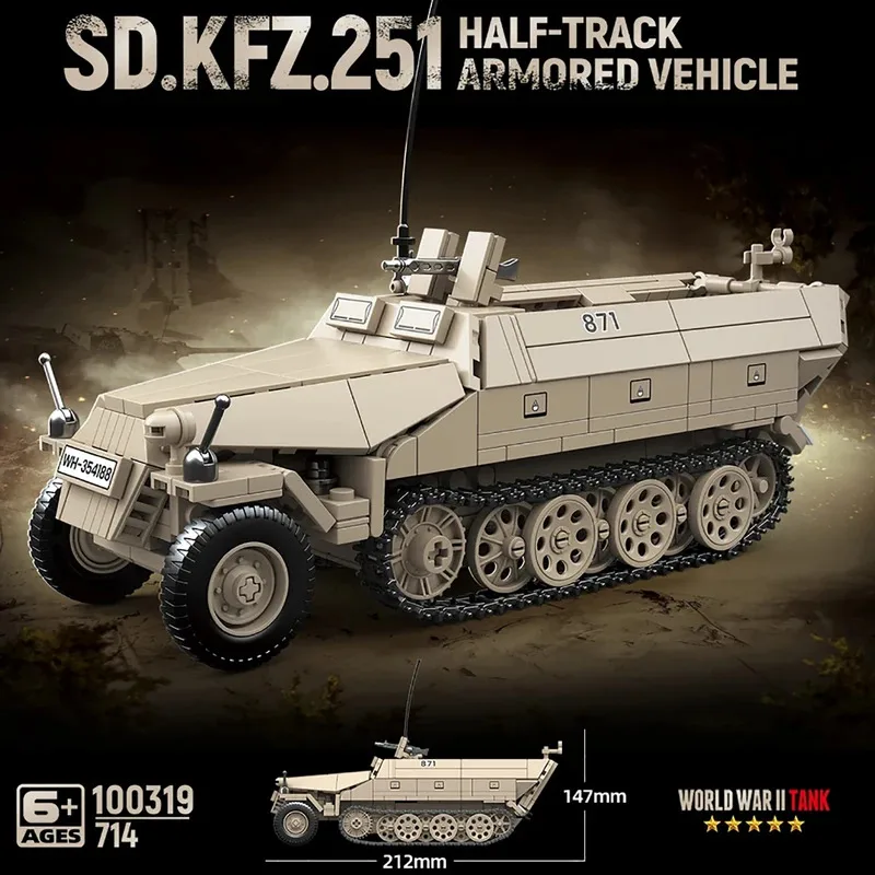 714pcs Sd.Kfz.251 Half-Track Armored Vehicle Building Blocks WWII Classic Tank Vehicle Military Bricks Toys for Kids Adults Gift