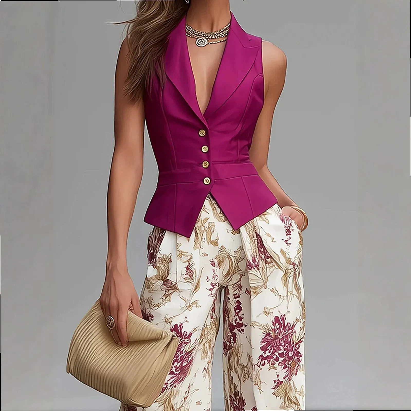Matching Set Sleeveless Vest & Printed Wide Leg Pants Jumpsuit Playsuit Tracksuit Burgundy