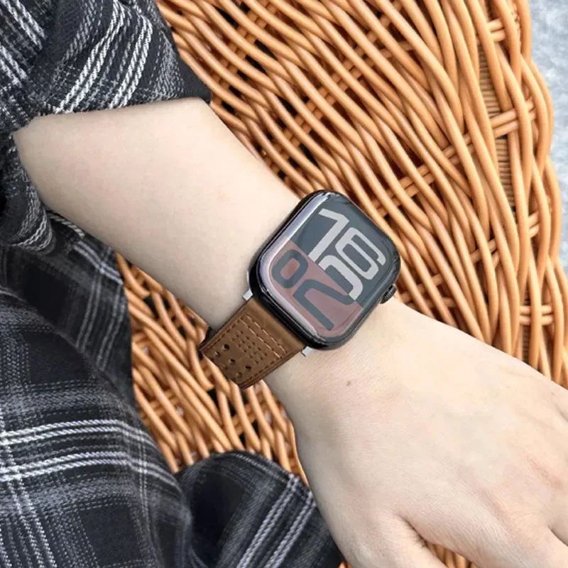 애플워치용 가죽 밴드 10 11 46 42mm 울트라 3 2 1 49mm SE3 40 44mm 빈티지 팔찌 iWatch 9 8 7 45mm 38/41mm 손목밴드