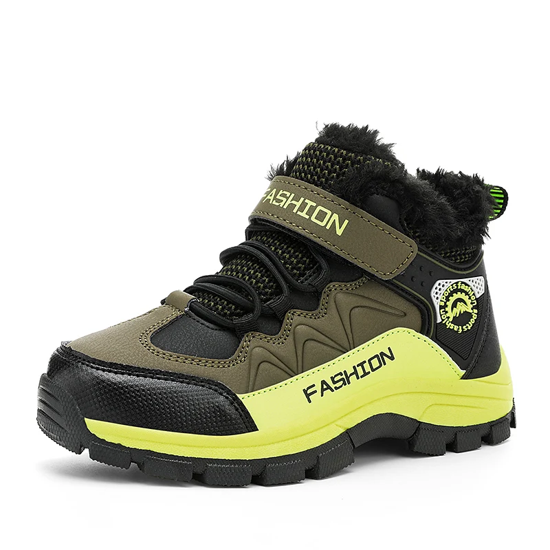 Winter Kids Hiking Shoes Warm Cotton Boys Sports Shoes Non-Slip Leather Waterproof Boots Teen Trekking Mountaineering Shoes