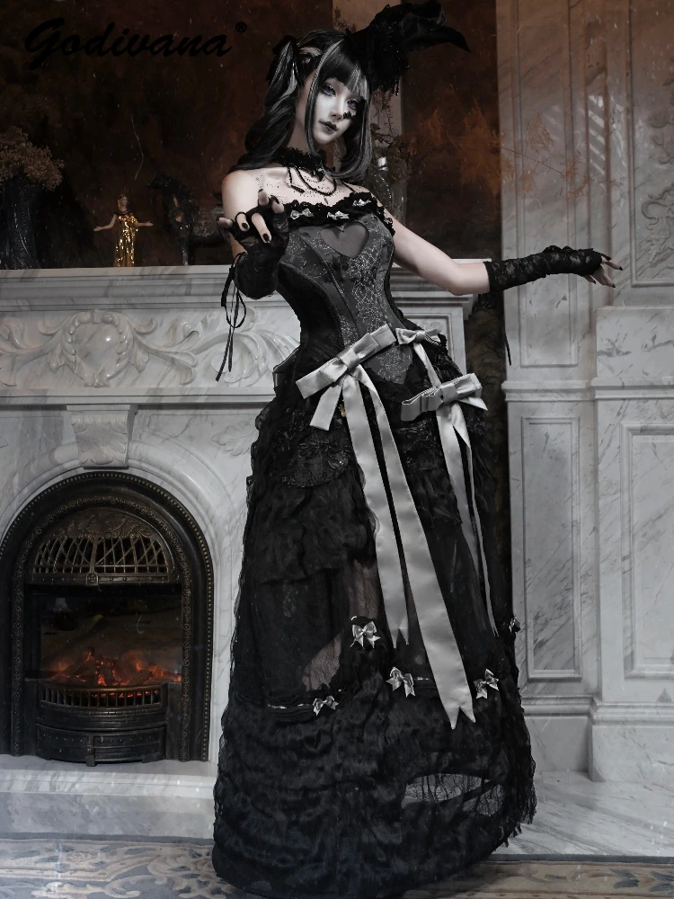 

Original Gothic Halloween Cos Love Fishbone Corset Bowknot Long Skirt Slim-fit Women's Cool Skirt Suit Outfits