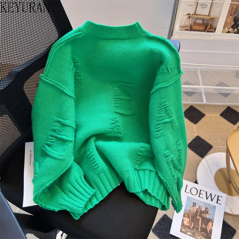 Knitted Pullovers Sweater Women\'s Autumn Winter Long Sleeve Casual Solid Green Crew Neck Loose Oversize Sweaters Female Jumper