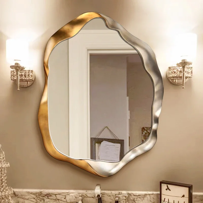 

Stickers Modern Mirror Bathroom Shaving Irregular Wall Mounted Mirror Shower Luxury Hanging Espejo Grande House Ornament