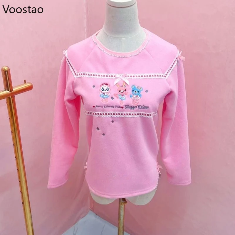 Sweet Lolita Tops Women Y2k Aesthetic Cartoon Bunny Bear Embroidery Long Sleeves T-shirts Grunge Kawaii Harajuku Fairy Tees Tops