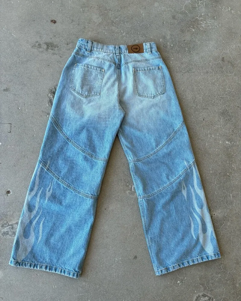 Y 2K Europa En De Verenigde Staten Nieuwe Lichtblauwe Vlam Print Jeans Vrouwen Hiphop Trend Wijde Pijpen Punk Fashion Baggy Jeans