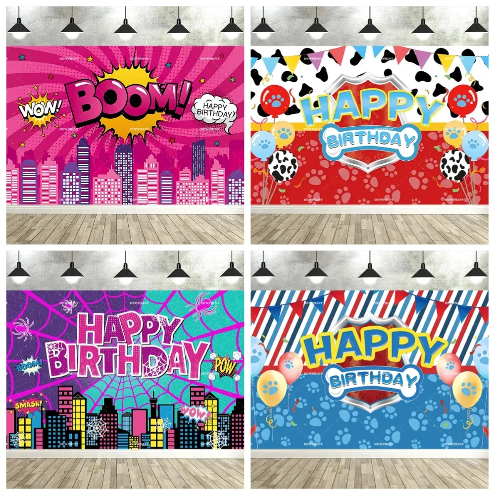 

Super city hero theme shooting background, pink spider web decoration banner for children birthday party photography background