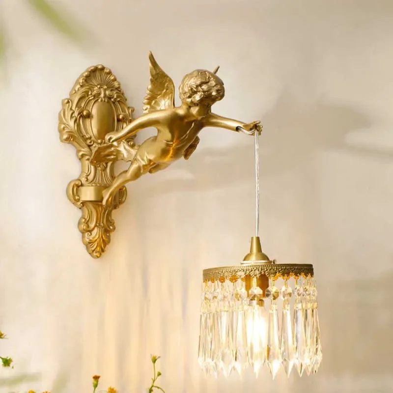 

French retro crystal background wall brass wall lamp American angel bedroom lamp bedside wall lamp