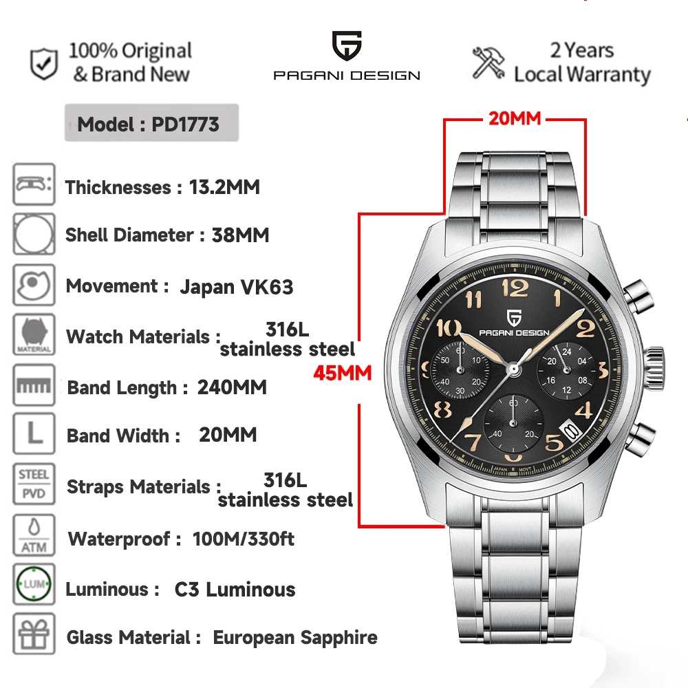 2024 New PAGANI DESIGN 38MM Men\'s Luxury Quartz Watches Sapphire Glass 316L Stainless Steel waterproof Chronograph Reloj Hombre