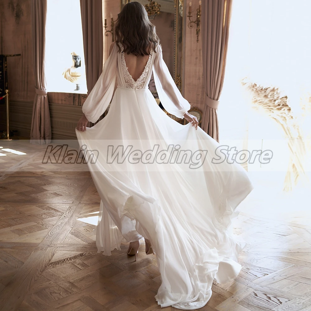 Customized Charming Women V-Neck Chiffon Modern Wedding Dress With Sequined Lace Off The Shoulder Long Sleeve Slit Bridal Gown