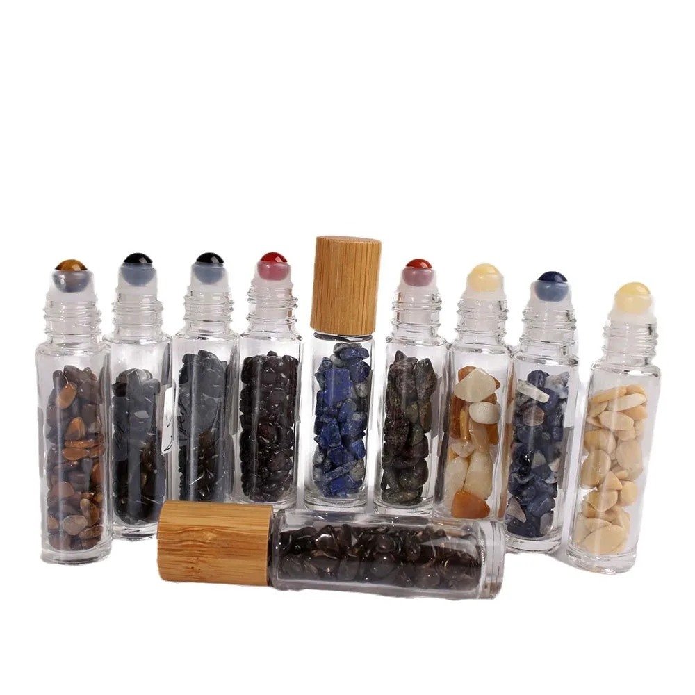 Essential Oil Diffuser 10ml Clear Glass Roll on Perfume Bottles with Crushed Natural Crystal Quartz Stone,Crystal Roller Ball Wo