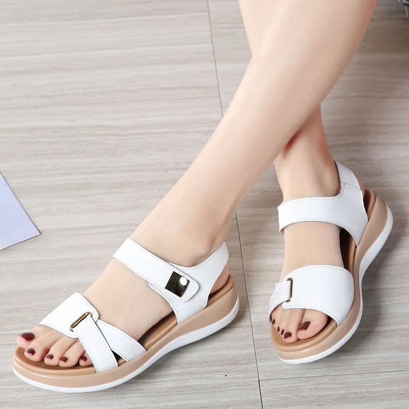 Women Female Ladies Mother Genuine Leather Shoes Sandals Flats Soft Hook Loop Korean Bling Summer Beach Plus Size 35 - 43 New