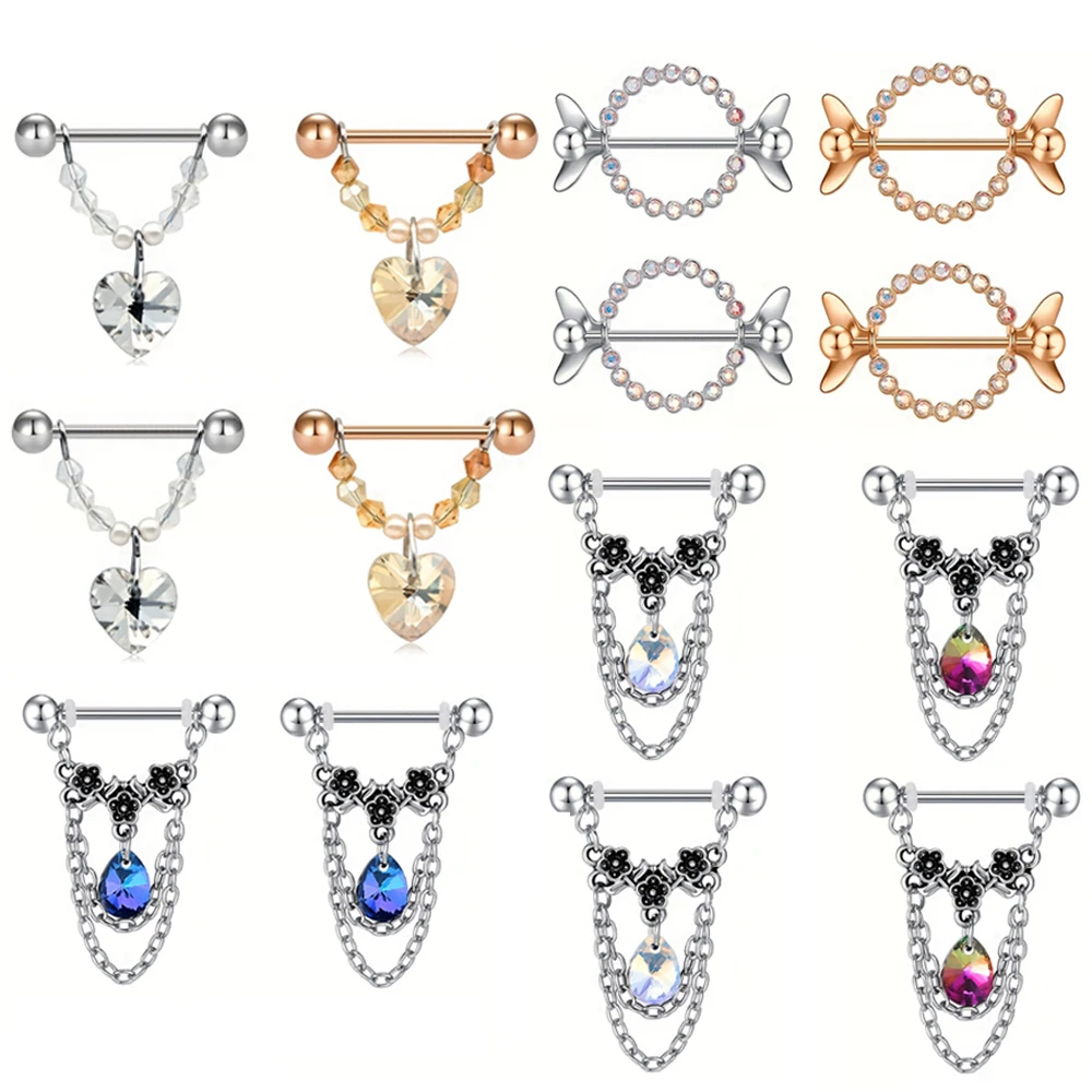 1Pair Trendy Nipple Piercings Barbell Nipple Chain Stainless Steel Nipple Shield Cover Nipple Ring Tassel Chain Body Jewelry 14G