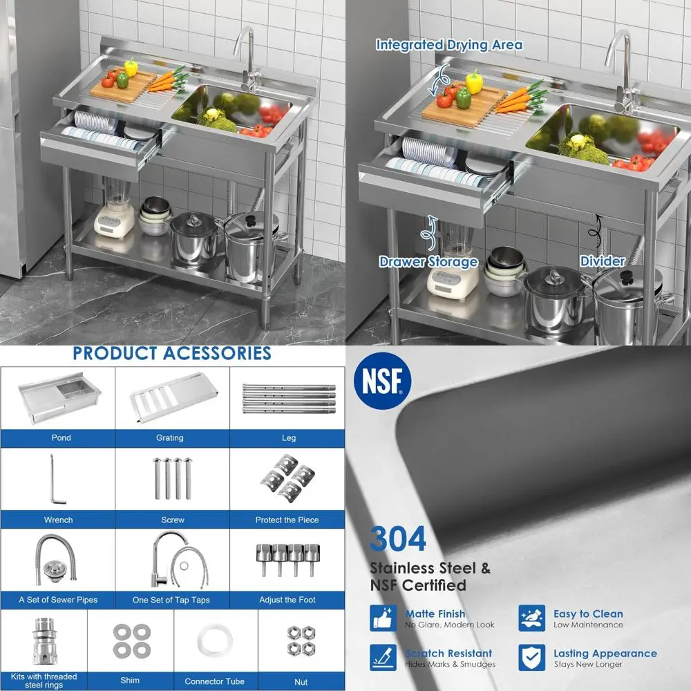 

Freestanding 39 Stainless Steel Laundry Sink with Left-Side Drawer and Drainboard, Including Hot and Cold Water Faucet, 304 Matt