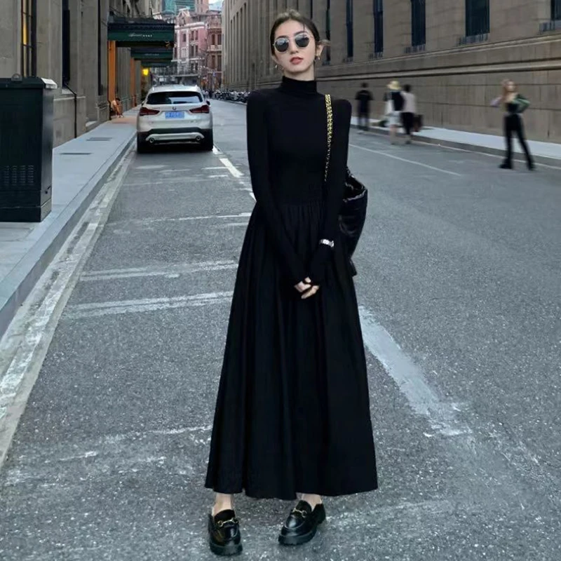 Black Half Turtleneck Dress Women Autumn Elegant Hepburn Style Long Sleeve Midi Dress Y2K Solid All-match Evening Party Vestidos