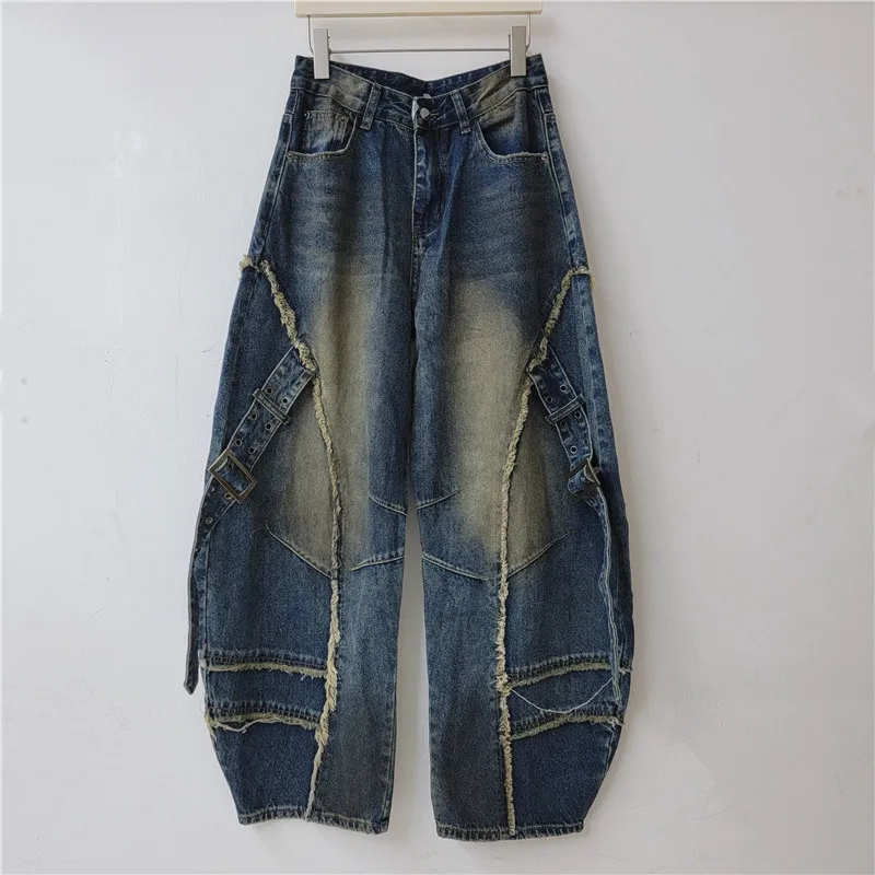 SuperAen American-style High Street Washed Distressed Jeans Autumn and Winter New Deconstructed Design Loose Wide-leg Pants