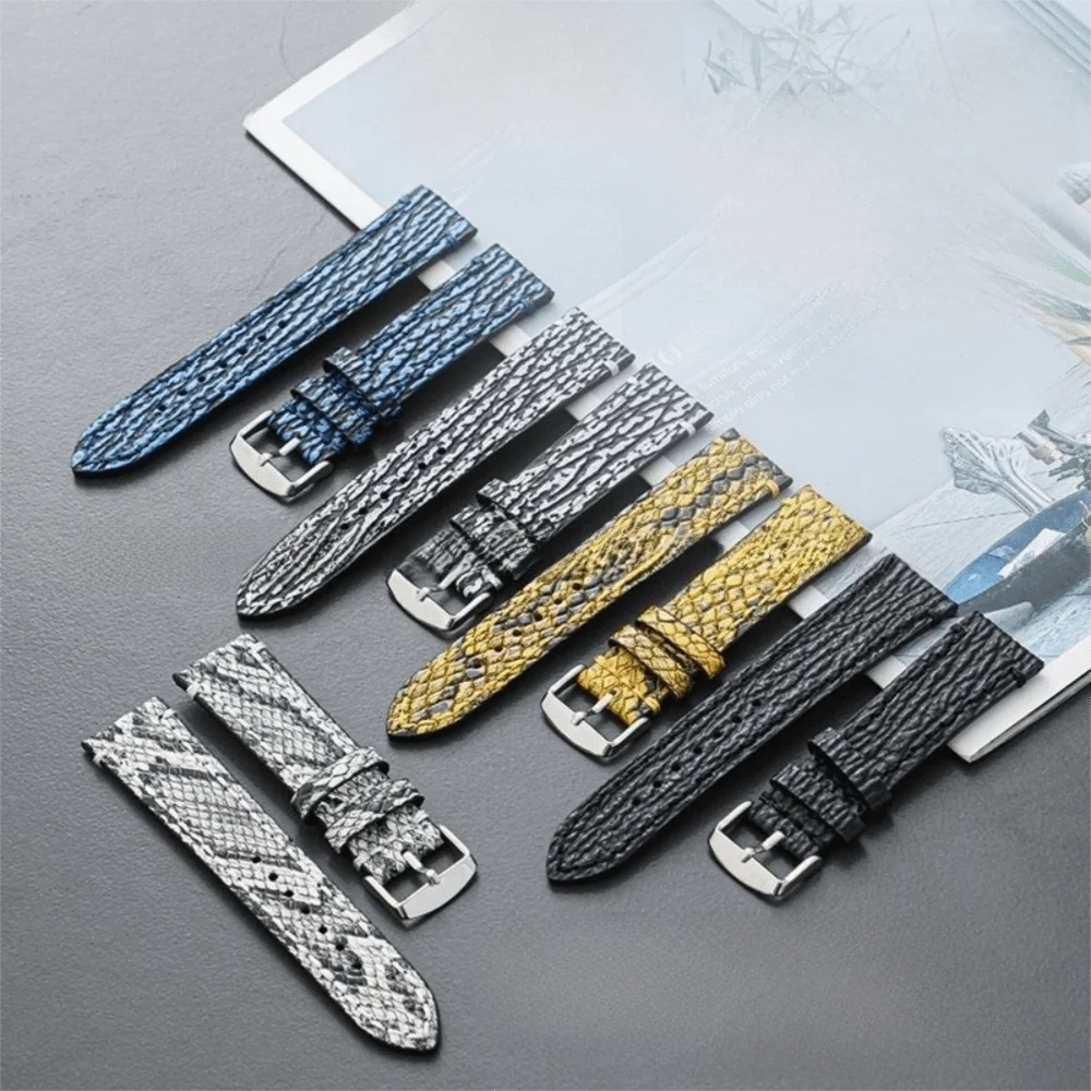 18 20 22mm Universal Genuine Leather Watchband Embossed Snake Shark Skin Pattern Replacement Watch Strap Cowhide Wristband