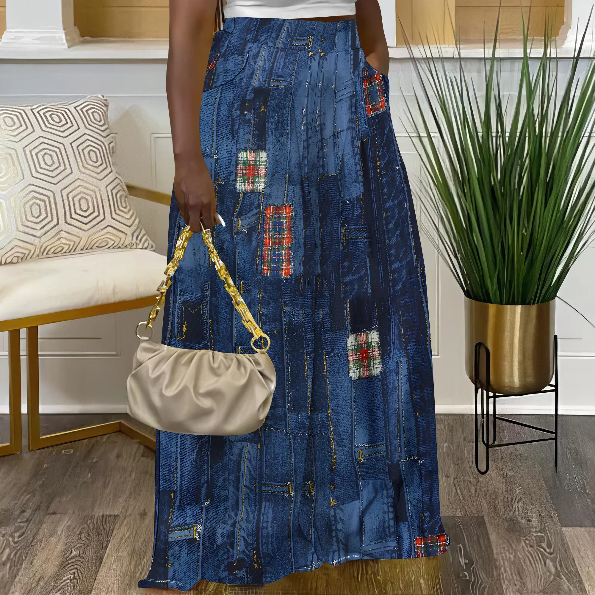 Plus Size Women's Wide Leg Pants Vintage Faux Denim Printed Beach Dress Summer Flowy Midi Pants with Pockets