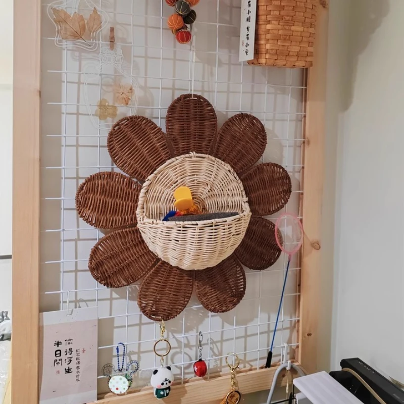 INS Sunflower Hand-woven Rattan Hanging Basket Kids Room Decor Key Sundries Storage Home Wall Ornaments Props