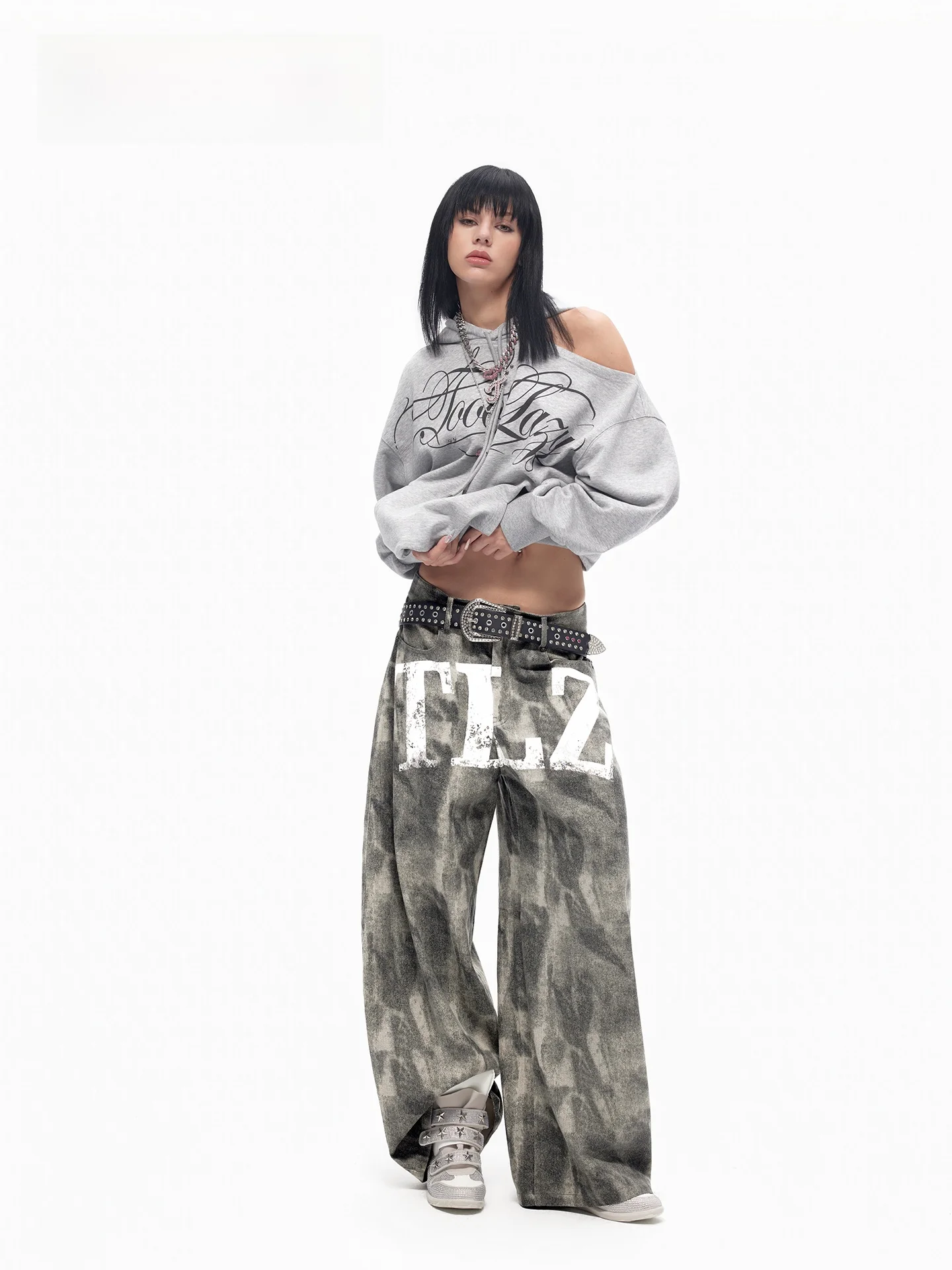 TooLazy American Punk Street Style Loose Casual Wide Leg Pants TLZ Camouflage Denim Jeans Women's Loose Fit Straight Leg Jeans