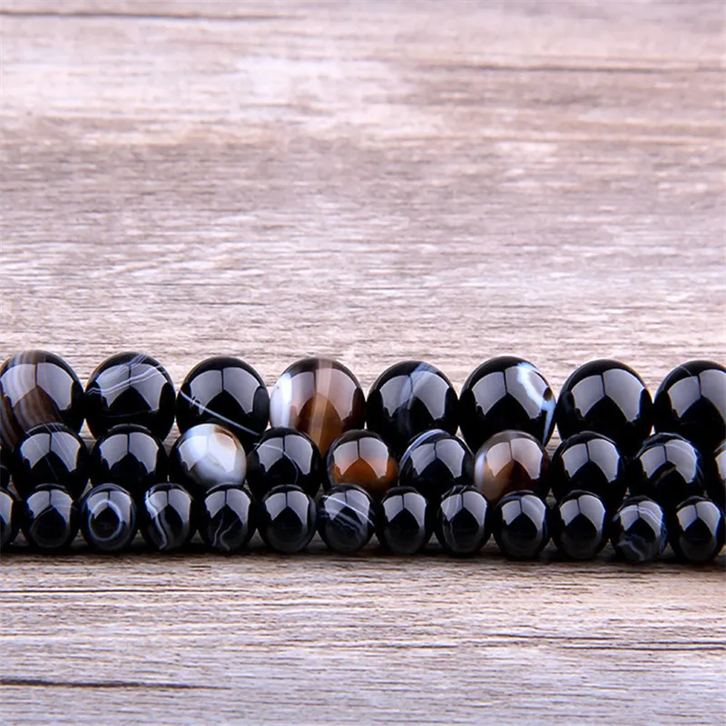 Black Striped Agate Loose Beads Natural Gemstone Smooth Round for Jewelry Making