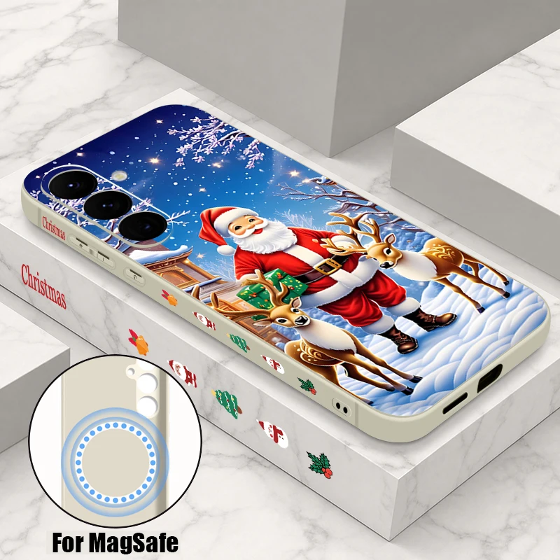 Christmas Santa Pattern Phone Case For Samsung Galaxy S25 FE S26 S24 S23 S22 Ultra Plus For Magsafe Magnetic Lanyard Soft Cover