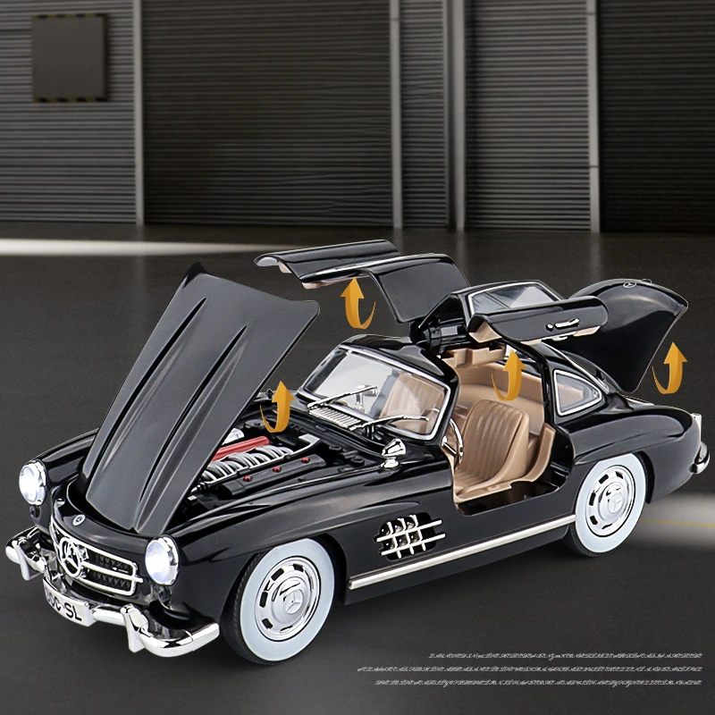 Coche de aleación Vintage Mercedes Benz 300SL 1:24, modelo con sonido y luz, juguete coleccionable para niños, regalo de cumpleaños