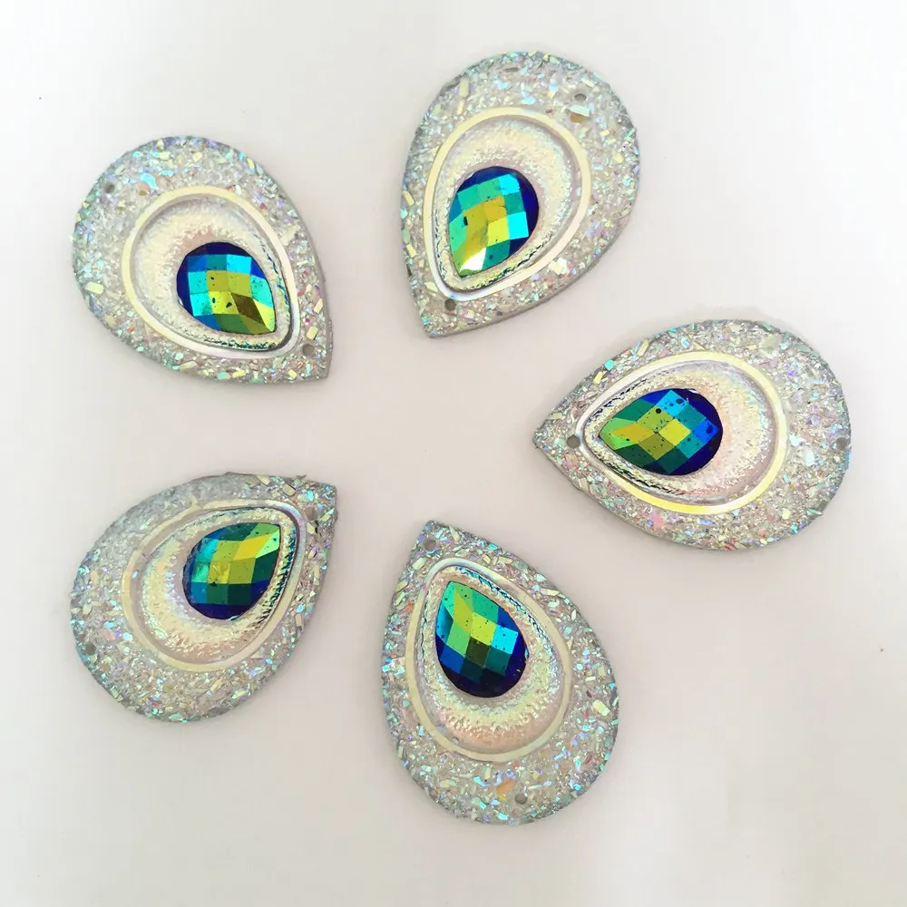 20PCS AB Resin 18*25mm Teardrop Peacock eye Flatback Rhinestone Ornaments DIY Wedding appliques 2 hole buttons SD121*2