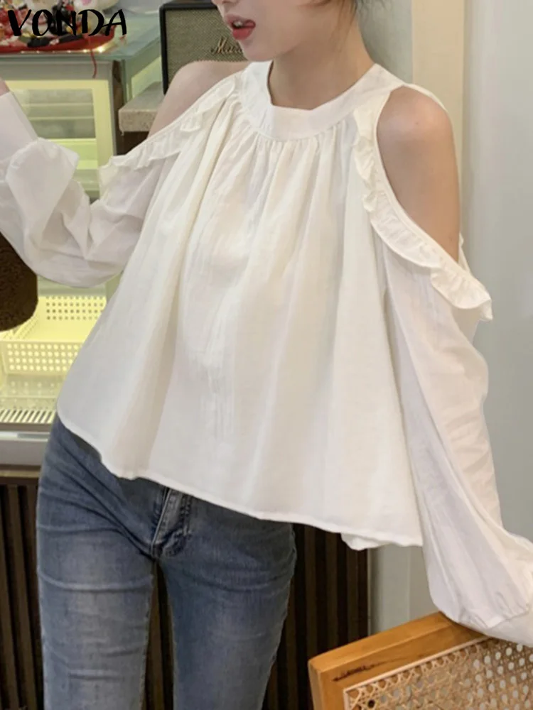 VONDA Fashion Ruffled Shirts Women Off The Shoulder Tops 2024 Casual Solid Color Blouses Summer Long Sleeve Blusas Femininas