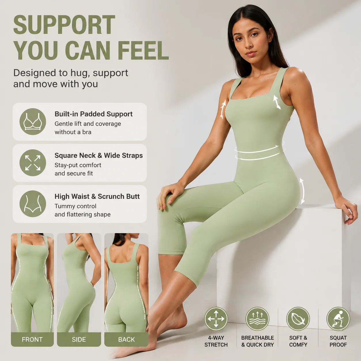 Yoga Unitard Women Square Neck Tank Top Capri Jumpsuit High Waist Padded Bust Support Bodysuit Workout Gym Activewear