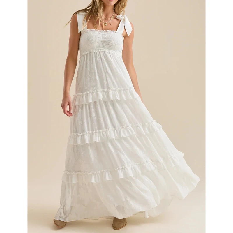 

Combhasaki Women Wide Straps Tied Shoulder Sleeveless Smocked Ruched Bust Square Neck Ruffled Patchwork Flowy A-line Long Dress