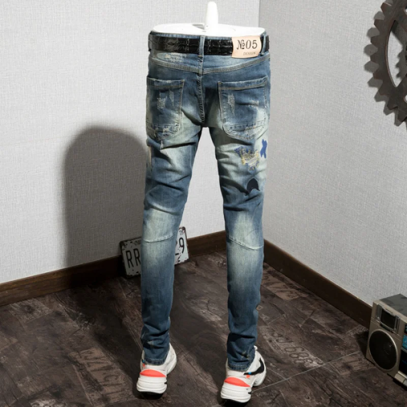 

JXN817 Hip Hop Tide Jeans Men's Embroidered Stretch Slim Small Casual Fashion Foot Embroidered Pants