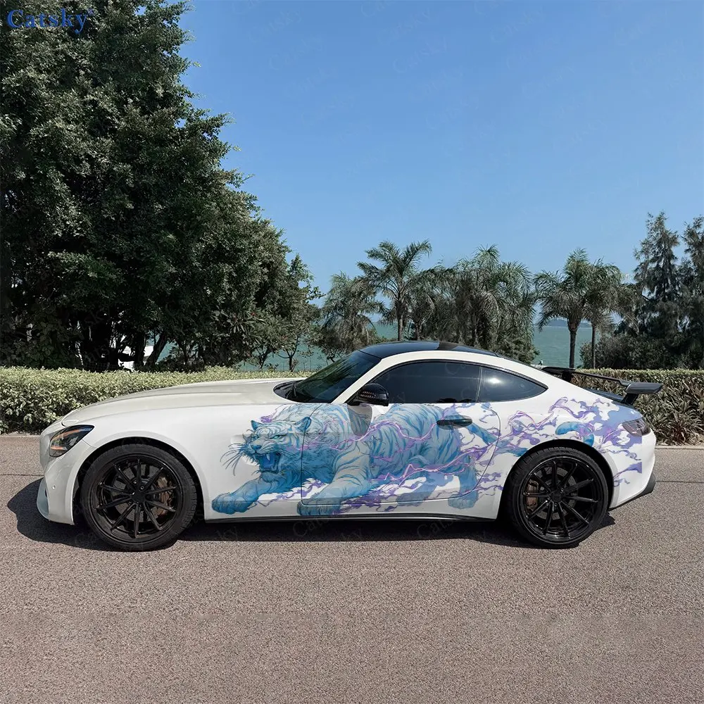 2pcs Thunder White Tiger Car Side Wraps, Self-Adhesive PVC Waterproof & Scratch-Resistant Stickers, Car Accessory Gift