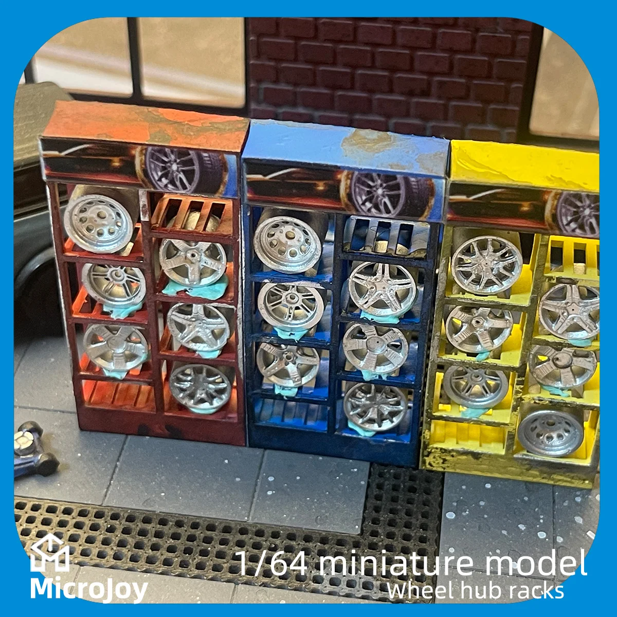 Detailed Scene: 1:64 Scale Miniature Model Repair Workshop Wheel Hub Rack Mini Wheel Hub Set of 6 Decorative Pieces Car Model Scene Vintage Setup