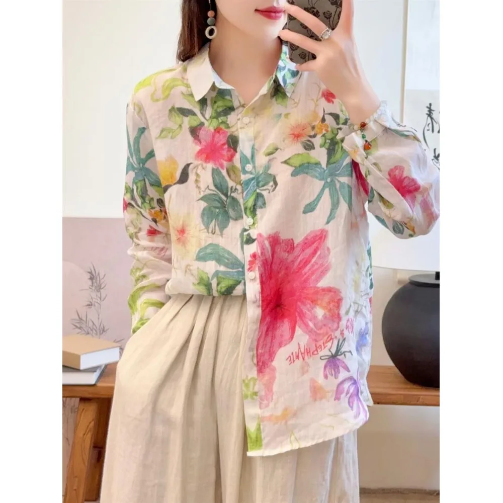 เสื้อเชิ้ตผ้าลินินพิมพ์ลายดอกไม้ใหม่ ฤดูใบไม้ร่วง 2025 ทรงหลวมอเนกประสงค์ แขนยาว คอปกติดกระดุม