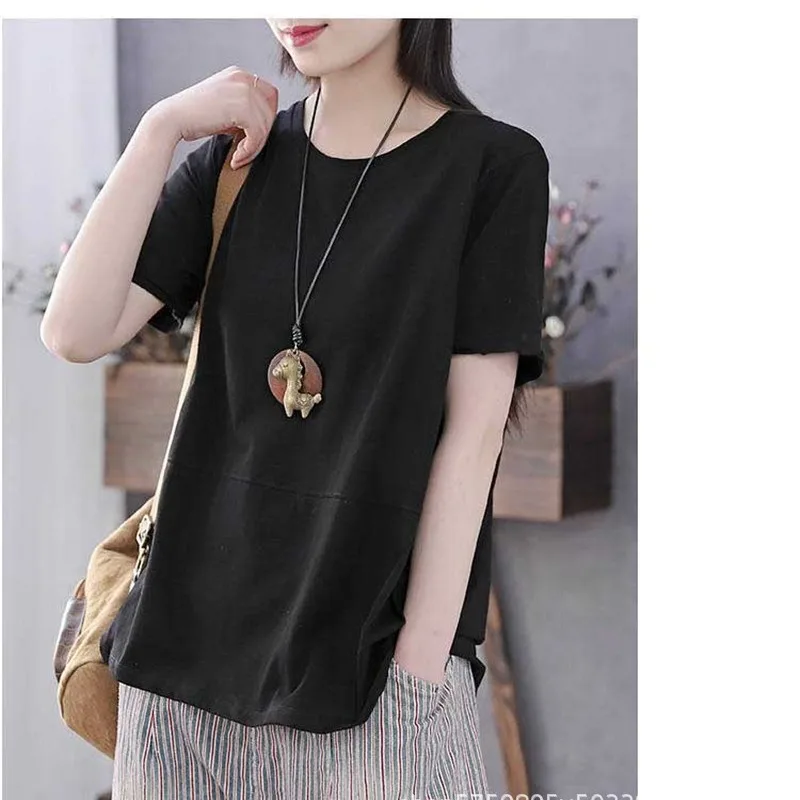 Summer New 2023 Korean Large Women\'s Clothing Short Sleeve Round Neck Tee T-shirt Loose Versatile Solid Color Vintage Tops