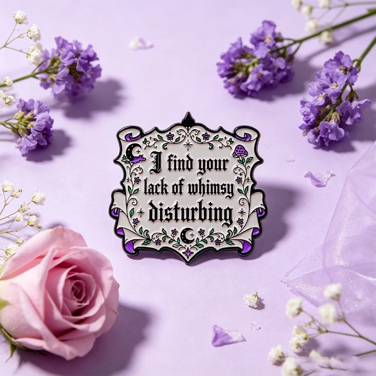 9 Stück Gothic Vintage Zitat Emaille-Pin Blumen-Reversbrosche mit der störenden Aussage „I Find Your Lack Of Whimsy“ als Sammlerstück – Detail 3
