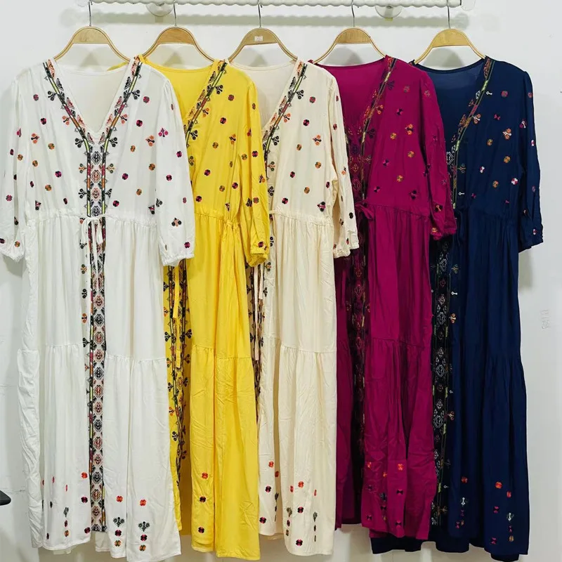 

National wind restoring ancient ways is heavy embroidery v-neck draw string cotton and linen dress summer dress