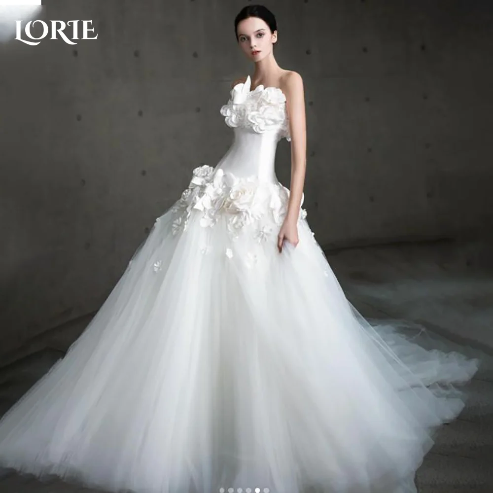 

LORIE Vintage 3D Flowers Wedding Dress A-Line Tulle Ruffle Strapless Ball Bridal Gown Princess Ball Bride Gown Customized