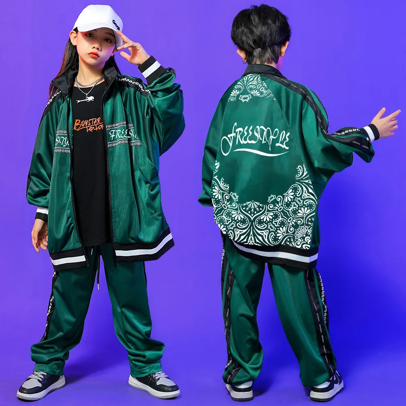 Kid Kpop Hip Hop Clothing Green Print Oversized Shirt Jacket Casual Sweat Pants for Girl Boy Jazz Dance Costume Clothes Outfits