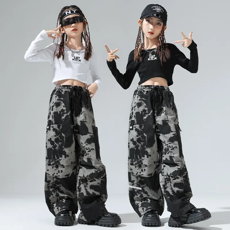 

New Girls Hip Hop Dance Costume Long Sleeve Tops Baggy Pants Kids K-pop Modern Dance Practice Clothes Concert Performance Outfit