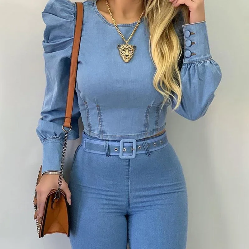 Women Denim Shirt New Light Blue Long Bubble Sleeve Blouses Skinny Slim Y2k Francais Tops Top Streetwear Blusas Mujer De Moda