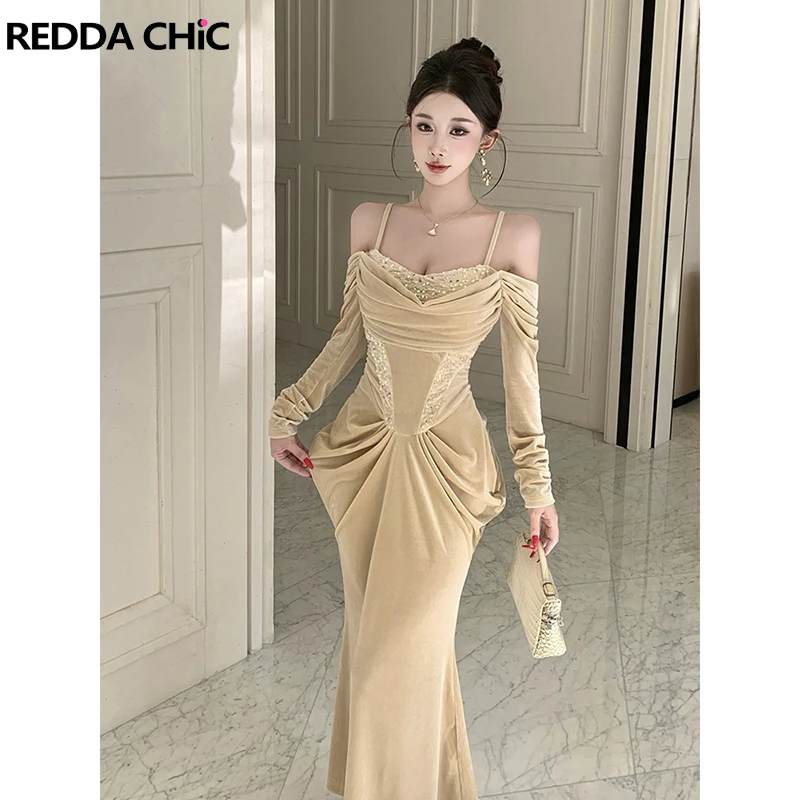 

REDDACHiC Women Long Sleeve Velvet Party Gown Glitter Sequin Spaghetti Strap Corset Mermaid Maxi Long Dress Elegant Sexy Clothes