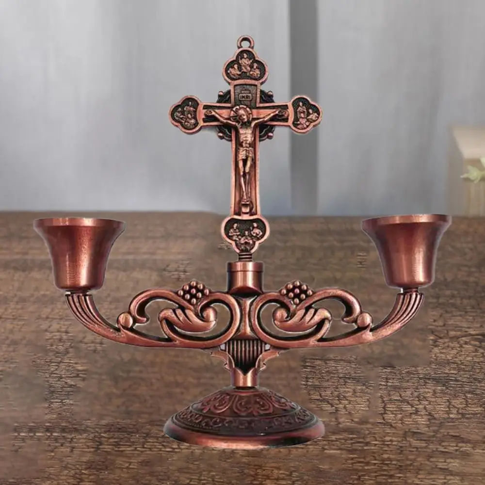 With Handle Christian Candle Holders Classical Easy to Carry Crucifix Table Stand Anti-rust Table Candlesticks Ornament