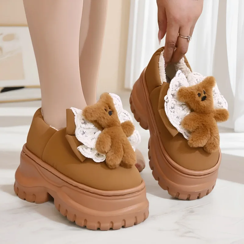 

New waterproof chunky slippers winter shoes woman indoor outdoor closed back loafers women's platform warm plush slipper bear