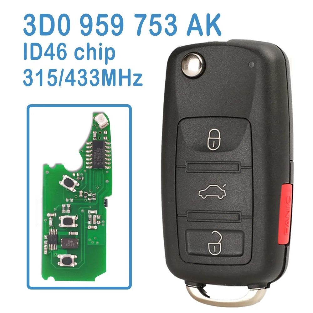 

2 Pcs/lot 3D0 959 753 AK Auto Smart Remote 3+1B ASK 315/433MHz ID46 Chip Car Smart Key For Volkswagen VW