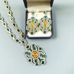 Designer Collection Retro Necklace Earrings Women Lady Inlay Green Yellow Cubic Zircon Plated Gold Color Rhombus Pendant Chain