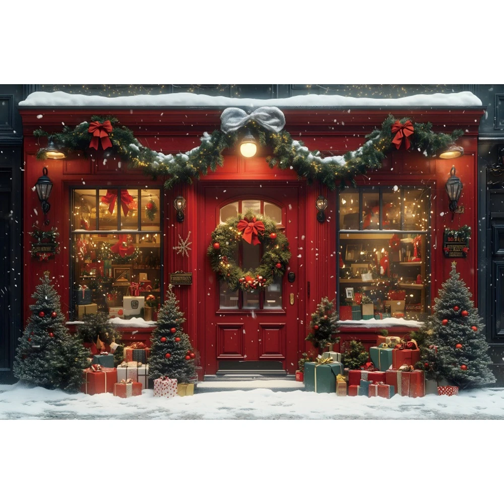 

Red Christmas Decorations Shop Backdrop Window Xmas Tree Wreath Gifts Shop Kids Portrait Photography Background Photo Studio