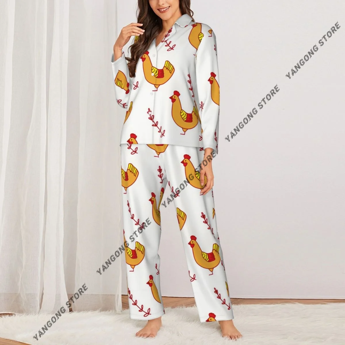 Women Sleepwear Loungewear Chicken And Twig Background Long Sleeve Lapel Neck Shirt and Elastic Waist Pants Pajamas Set
